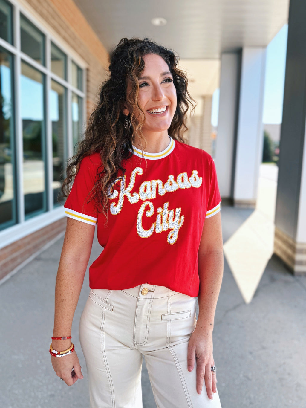 Retro Kansas City Script Tee w/Sport Stripe - Queen of Sparkles X Amelia's Boutique