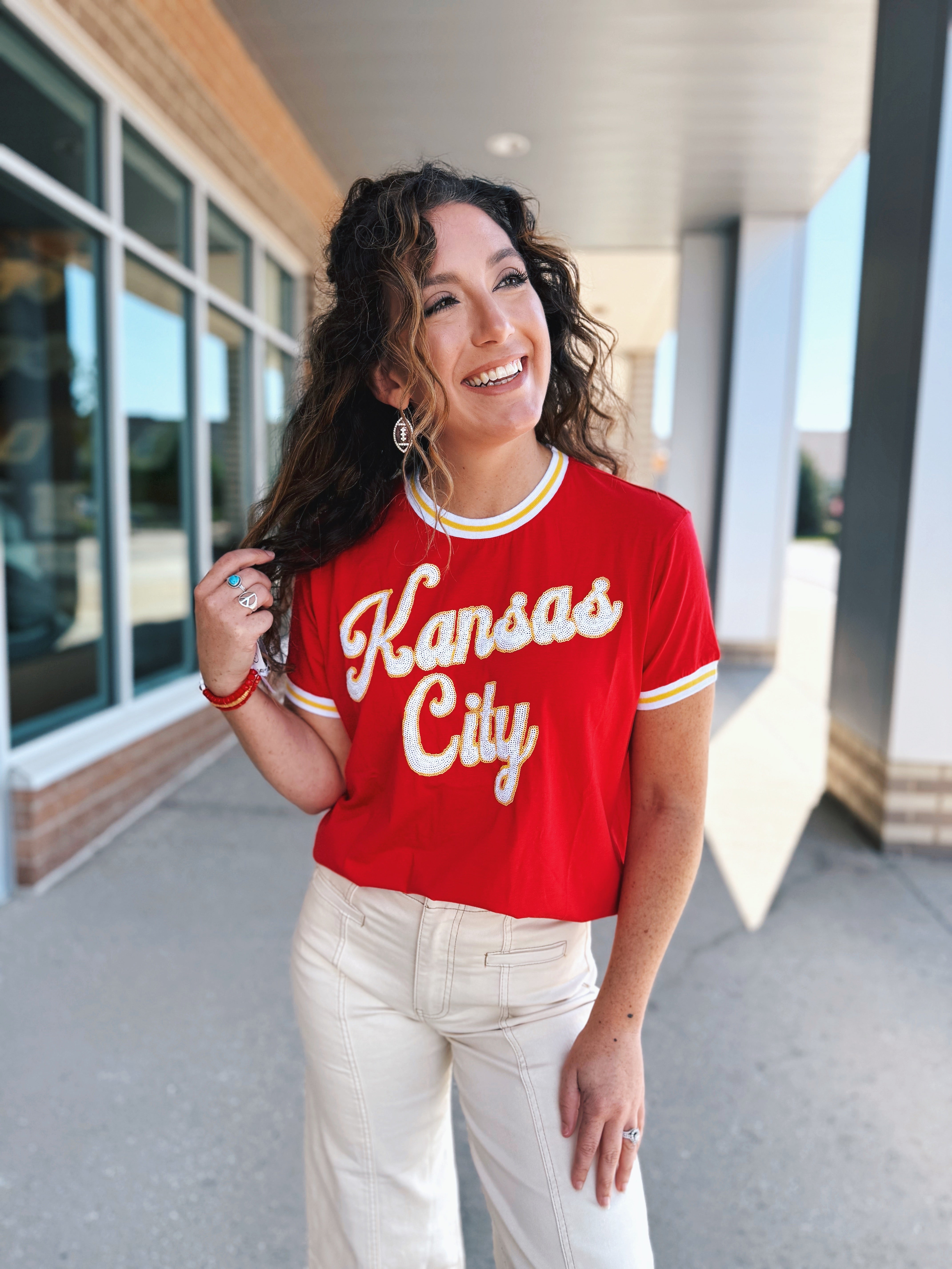 Retro Kansas City Script Tee w/Sport Stripe - Queen of Sparkles X Amelia's Boutique