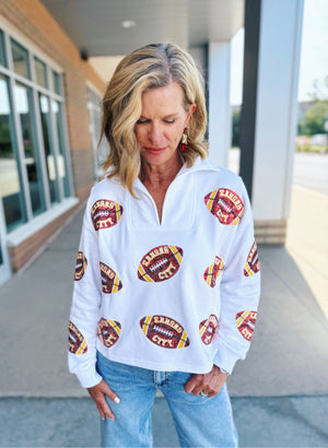 Scattered Kansas City Football Collared V Neck Sweatshirt - Queen of Sparkles x Amelia's Collab