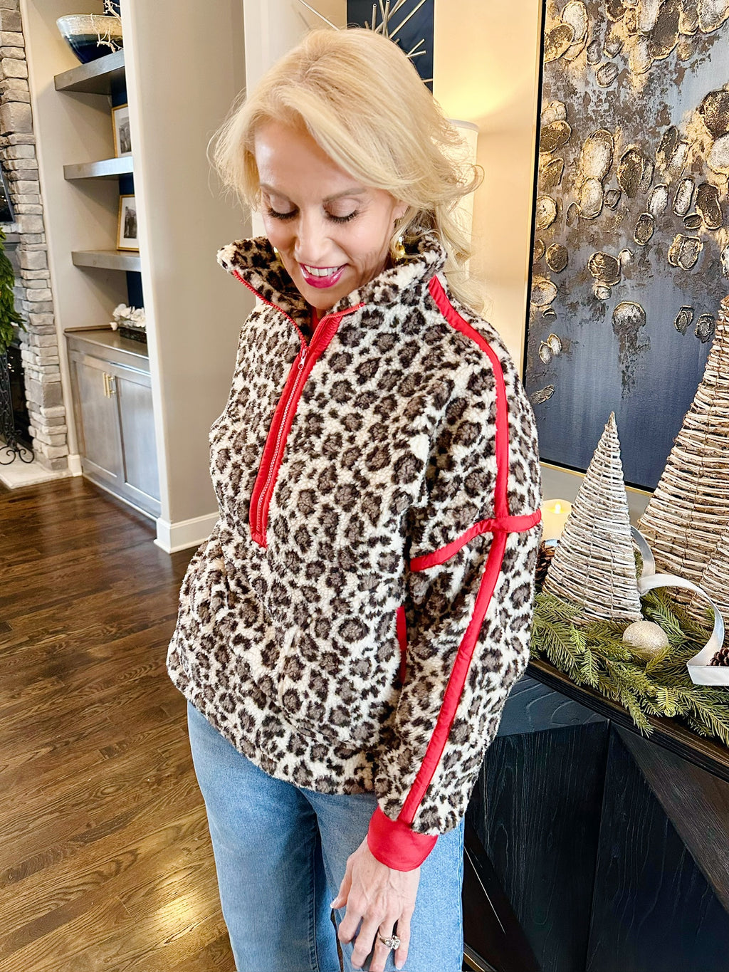 Cheetah Sherpa Half Zip Pullover w/Red Accents