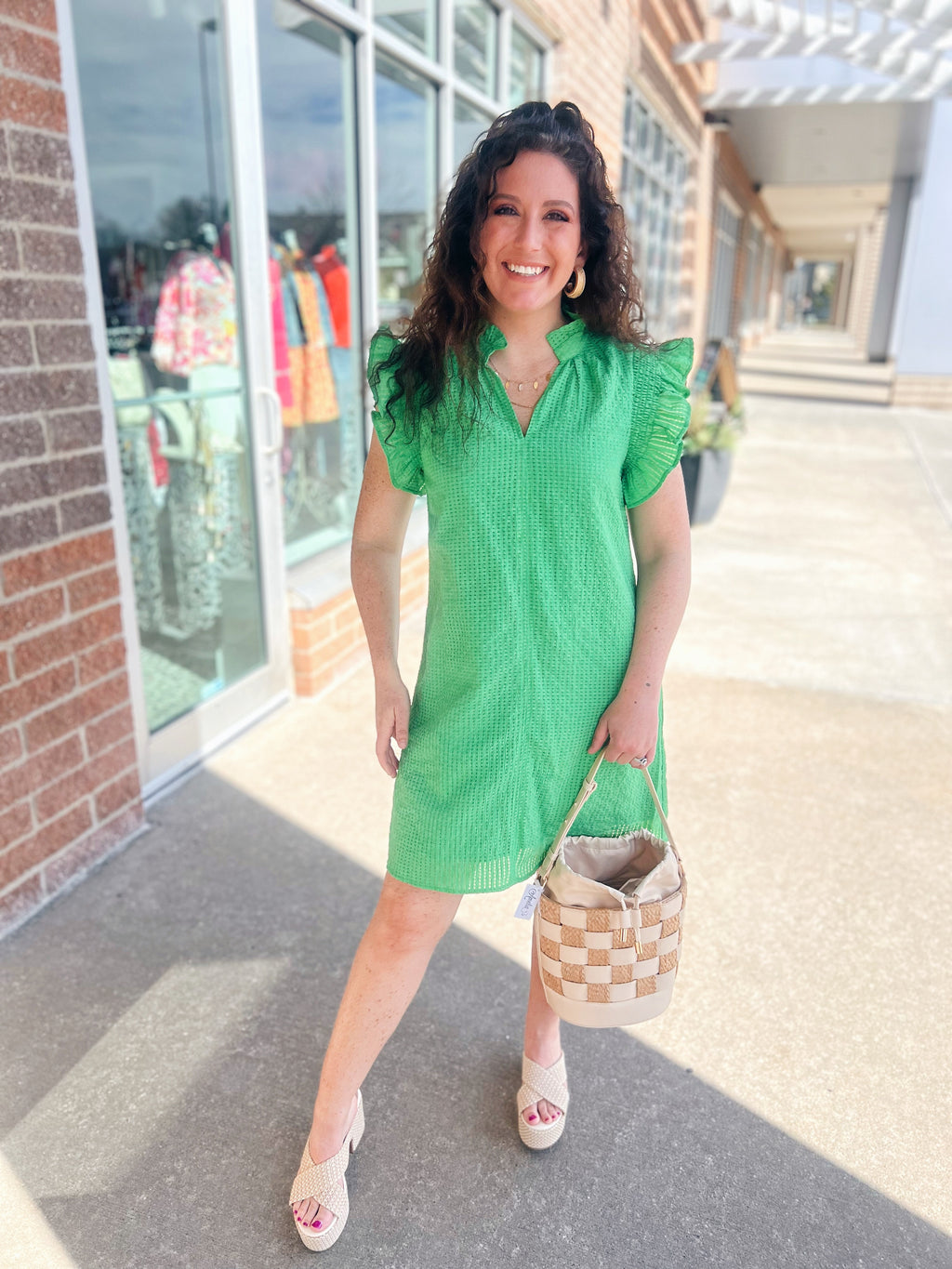 Textured Pop On Dress in Kelly Green