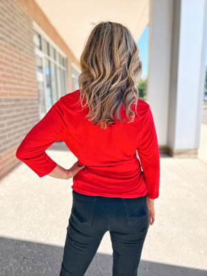 Slinky Rouched Red Scoop 3/4 Sleeve Top