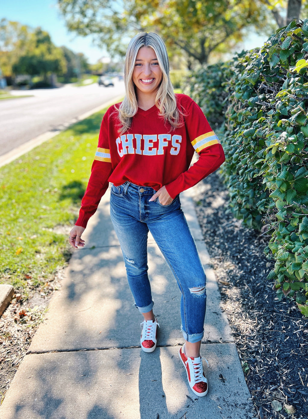 Chiefs Custom QOS Red Vneck Sweater