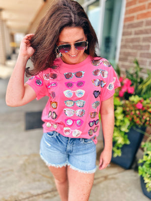 Queen Of Sparkles All Over Sunglass Tee in Pink