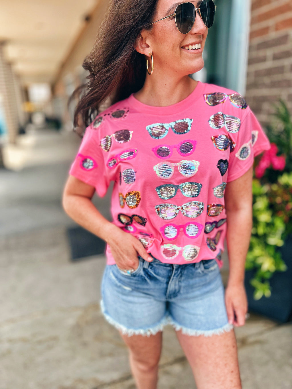 Queen Of Sparkles All Over Sunglass Tee in Pink