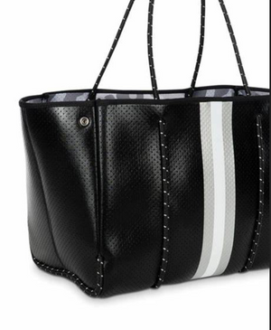 Black Perforated Tote with Silver White Stripe