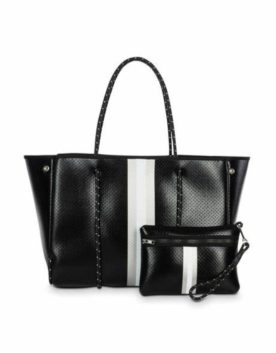 Black Perforated Tote with Silver White Stripe